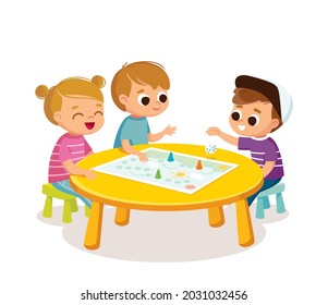 Cheerful children seat by table and play table games together with friends. Kids having fun while playing board game. Spending time playing tabletop games. Vector illustration.