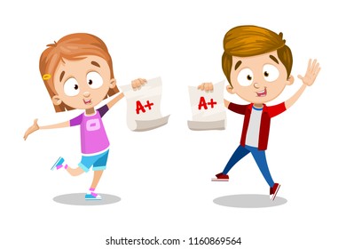 Cheerful children showing great exam result. Cute teenagers holding papers with top university grade. Perfect test results with A plus mark. Happy girl and boy characters isolated vector illustration