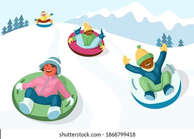 Cheerful children slide down the snow tubing hill. Cartoon vector illustration