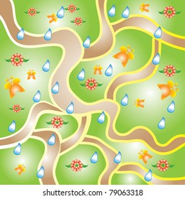 Cheerful children wallpaper with butterflies and flowers . Illustration