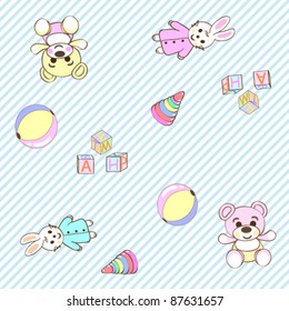 Cheerful children wallpaper. Illustration texture. Vector seamless structure for children. Blue and white strips, toy bears, hares, balls, cubes and pyramids.