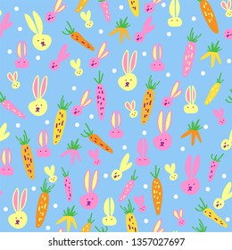 Cheerful children's pattern. Rabbits and carrots of different colors on a blue background. For children's pajamas.
