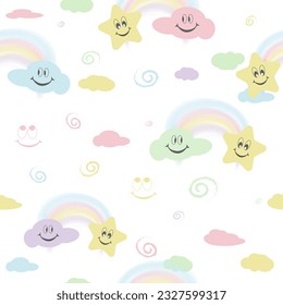 Alegre patrón de niños sin fisuras con un arco iris, estrellas, nubes, emociones. Para imprimir sobre tela, papel de envoltura, textiles, decoraciones para niños