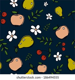 cheerful children's style seamless pattern of grass, apple, pear, cherry and flowers