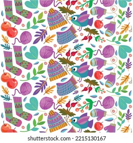 Cheerful children's vector seamless pattern, background. Winter theme. Winter clothes. Bird, scarf, hat, mittens, leaves, ball of thread, wool. Vector illustration. Background for fabric, wallpaper, d