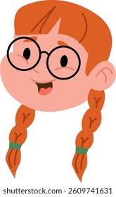 A cheerful child's head, wearing spectacles and pigtails, is depicted in a simple, flat style.  A delighted young girl's face beams with joy, presented in a clean and modern graphic approach