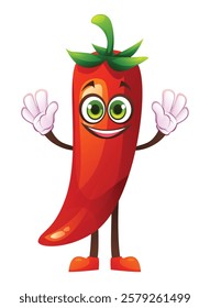 Cheerful chili character with both hands raised, smiling and excited. Vector cartoon illustration