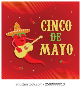 Chilli alegre em um sombrero toca violão. Celebração alegre do Cinco de Mayo. Conceito Cinco de Mayo. Ilustração de vetor plano.