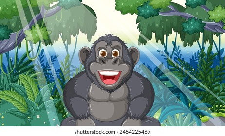 Chimpancé alegre rodeado de la flora de la selva vibrante