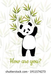 A cheerful Chinese beautiful panda holds bamboo branches in its paws. Cute bear for fashion prints on poster, pillows, clothes. Vector graphics.