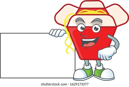 Cheerful chinese box noodle cartoon character having a board
