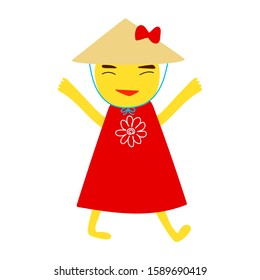 Cheerful Chinese girl in a national hat. Vector illustration in a kid drawing style.