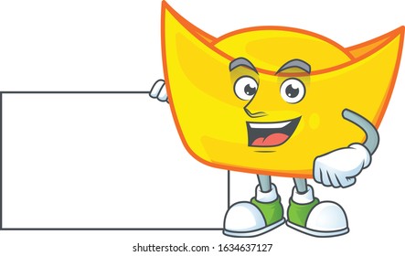 Cheerful chinese gold ingot cartoon character having a board