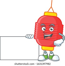 Cheerful chinese lantern cartoon character having a board