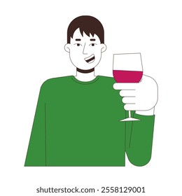 Cheerful chinese man toasting wine glass 2D cartoon character. Asian guy in casual sweatshirt cheers wineglass isolated person flat vector on white background. Spot illustration colorful