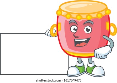 Cheerful chinese red drum cartoon character having a board