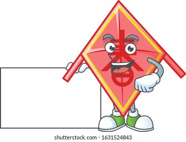 Cheerful chinese red kite cartoon character having a board