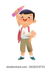Cheerful Chinese Schoolboy or Art School Student Holding Pencil and Paper. Asian boy character goes to art school. Kids learning and studying. Children back to school vector illustration clip art