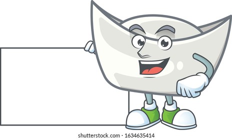 Cheerful chinese silver ingot cartoon character having a board