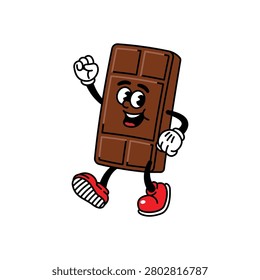 A cheerful chocolate bar mascot with a big smile, red shoes, and white gloves, striking a dynamic pose.