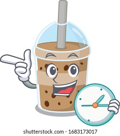 Cheerful chocolate bubble teacartoon character style with clock