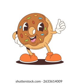Cheerful chocolate chip cookie mascot wearing orange shoes with a happy face ideal for branding, advertising, product packaging, and food-related graphic design projects. Vector illustration