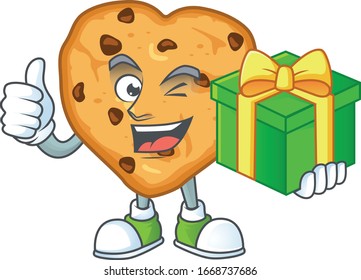 Cheerful chocolate chips love cartoon character holding a gift box