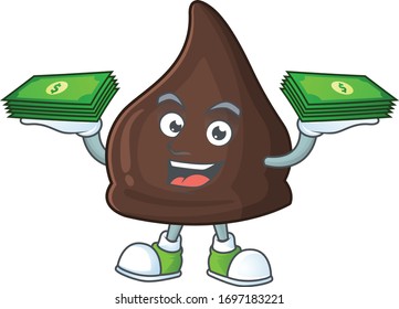 A cheerful chocolate conitos mascot design with some money on hands