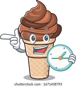Cheerful chocolate ice cream cartoon character style with clock