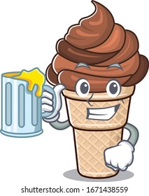 Cheerful chocolate ice cream mascot design with a glass of beer