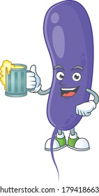 A cheerful cholerae cartoon mascot style toast with a glass of beer. Vector illustration