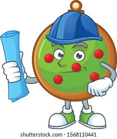 Cheerful christmas ball on architect cartoon style holding blue prints.