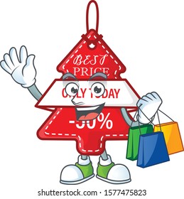 Cheerful christmas best price tag cartoon character waving and holding Shopping bags