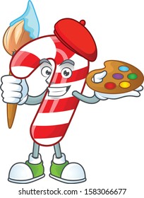 Cheerful christmas candy cane painter cartoon character with brush
