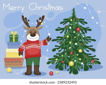 Cheerful Christmas card with moose Christmas tree and gifts Vector