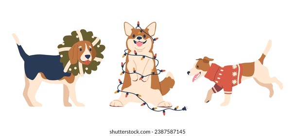 Cheerful Christmas Corgi, Jack Russel and Beagle Dogs Wearing Cozy Sweater, Wreath and Wrapped in Garland