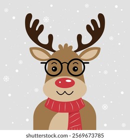 A cheerful Christmas deer wearing glasses, wrapped in a warm scarf. Vecor, flat illustration. No artificial intelligence was used to create the illustration.
