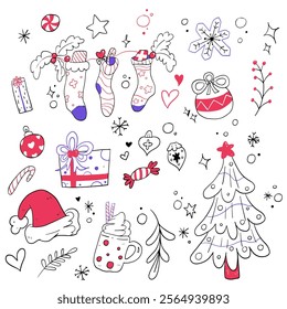 A cheerful Christmas doodle set featuring stockings, gifts, candy canes, ornaments, a Christmas tree, and festive decorations. With a cute and colorful style.