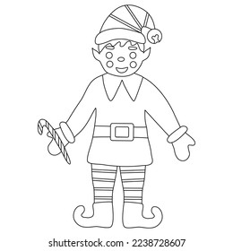 Cheerful Christmas elf with candy cane, doodle style flat vector outline for kids coloring book