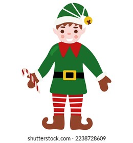 Cheerful Christmas elf with candy cane, winter holidays character, design template element, vector