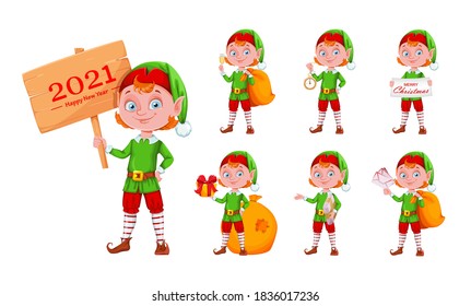 Cheerful Christmas elf cartoon character, set of seven poses. Merry Christmas and Happy New Year. Vector illustration