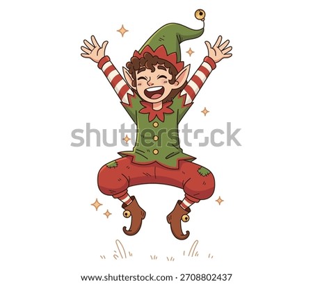Cheerful Christmas elf character in a joyful holiday pose. Perfect for festive branding, children’s illustrations, greeting cards, merchandise, stickers, and seasonal creative projects.
