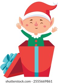 Cheerful christmas elf popping out of a vibrant red gift box, adorned with a light blue ribbon, joyfully waving hands up in celebration of the festive season