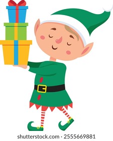 Cheerful christmas elf wearing a pointy green hat and shoes, carefully balancing a vibrant stack of colorful wrapped gifts, embodies the joyful spirit of the holiday season