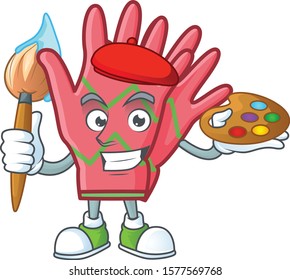 Cheerful christmas gloves painter cartoon character with brush