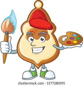 Cheerful christmas hat cookies painter cartoon character with brush