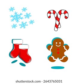 Cheerful Christmas icon collection: sweet candy canes, warm gloves, and adorable gingerbread men. Perfect for greeting cards, web design, and holiday projects. 