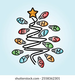 A cheerful Christmas illustration featuring a tree formed by colorful lights spelling Merry Christmas