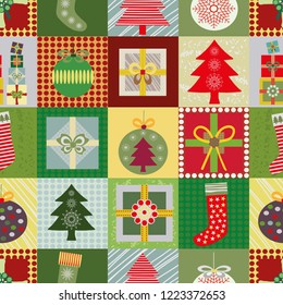 Cheerful Christmas patchwork style seamless vector pattern background with multicolor presents, Christmas tree, baubles and Christmas stockings. Great for giftwrap, scrapbooking, quilting and 