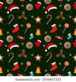 A cheerful Christmas pattern featuring festive treats and decorations on a green background